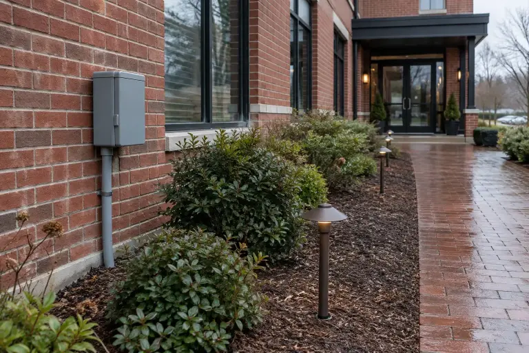 Outdoor lighting transformer on a brick wall feeding path lights along a walkway