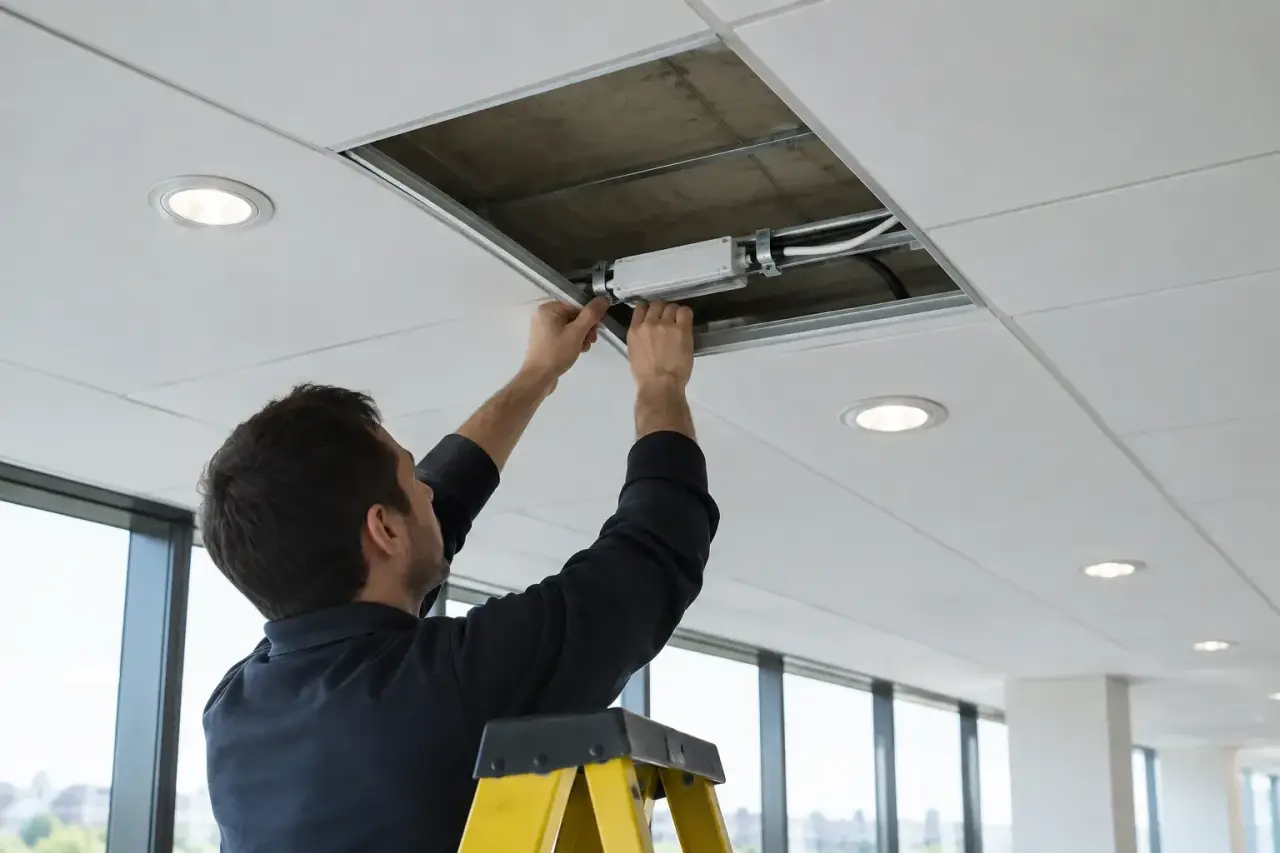 Hands mounting a small LED driver above an office drop ceiling with glowing downlights