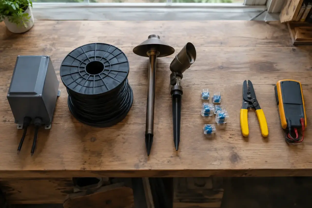 Low voltage lighting fixtures, transformer and cable spool laid out on a workbench