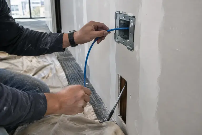 Technician feeding blue network cable through a drywall bracket with a fish tape