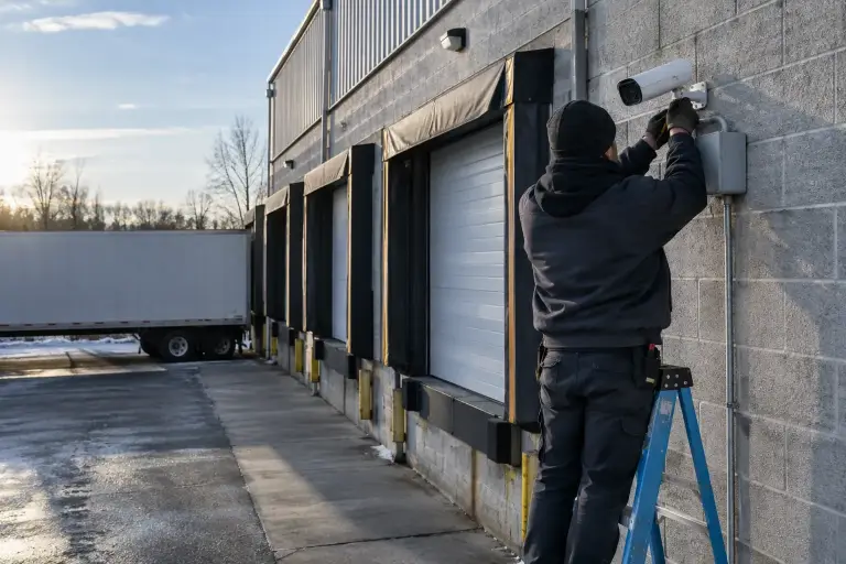 Technician on a ladder mounting a bullet camera above a warehouse loading dock