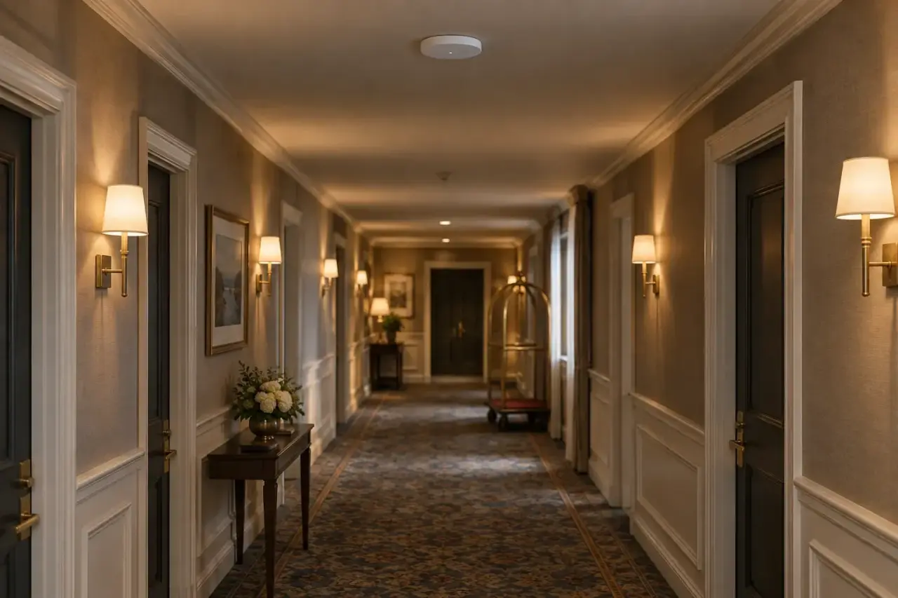 Ceiling wireless access point in a softly lit hotel corridor with a luggage cart