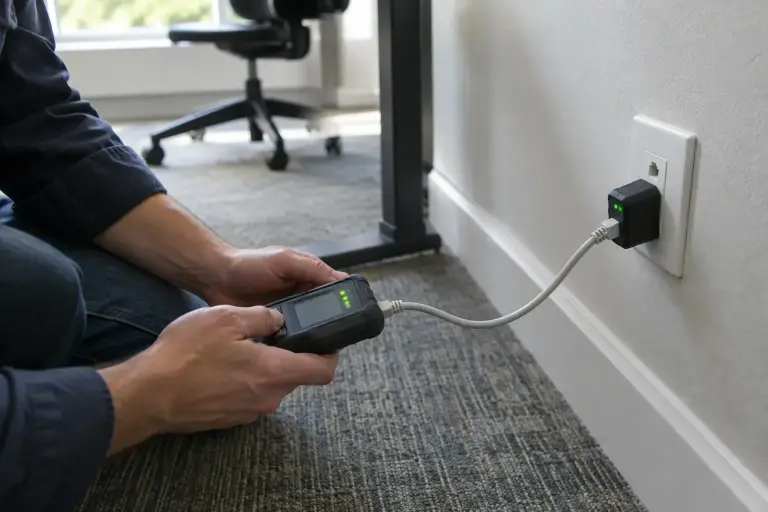 Hands holding a handheld cable tester plugged into an office wall data jack