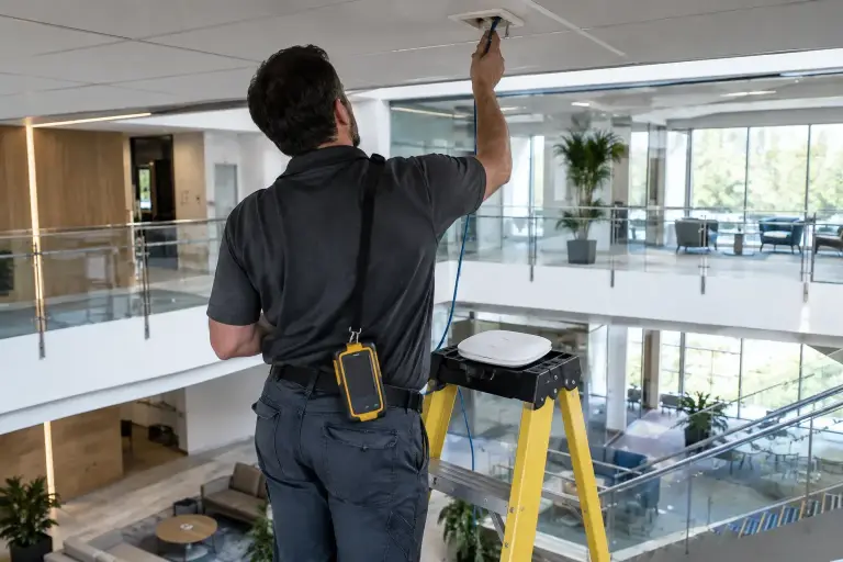 Technician on a ladder connecting a cable tester to a ceiling data outlet