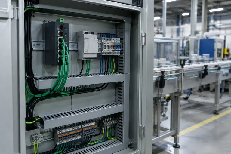 Industrial network switch and shielded cables inside an open factory control cabinet