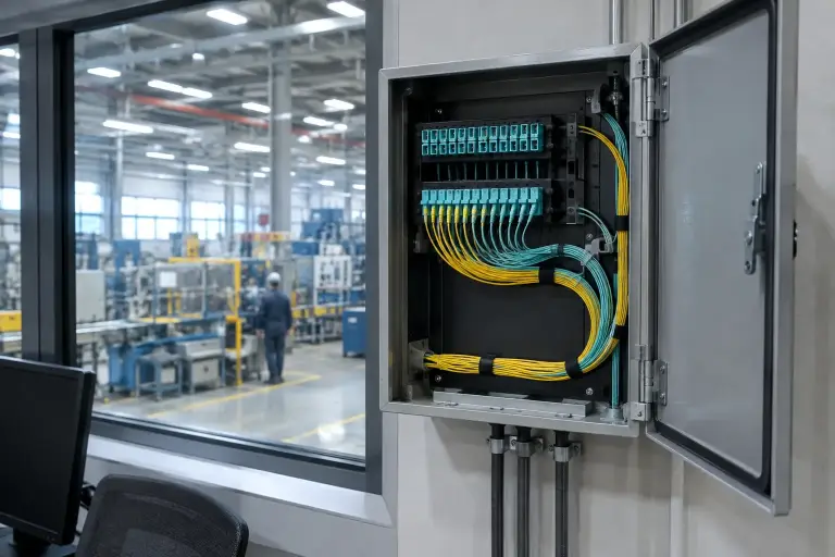 Open steel fiber enclosure with yellow and aqua jumpers inside a factory control room