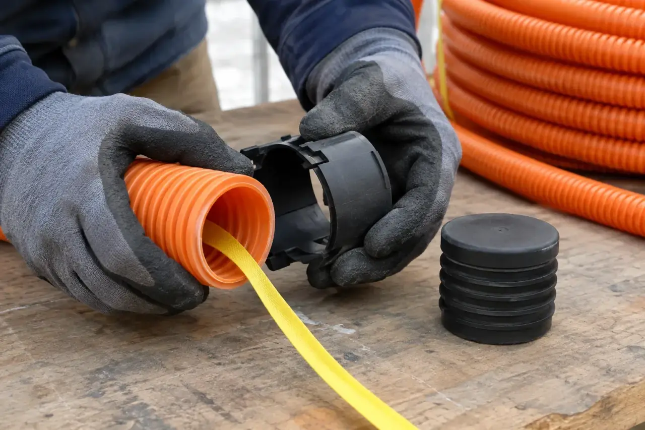 Gloved hands fitting a coupler to orange innerduct with pull tape inside