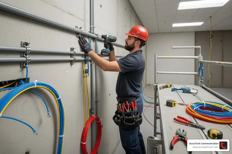 Technician in a hard hat drilling conduit straps onto a concrete wall beside cable coils and scaffolding
