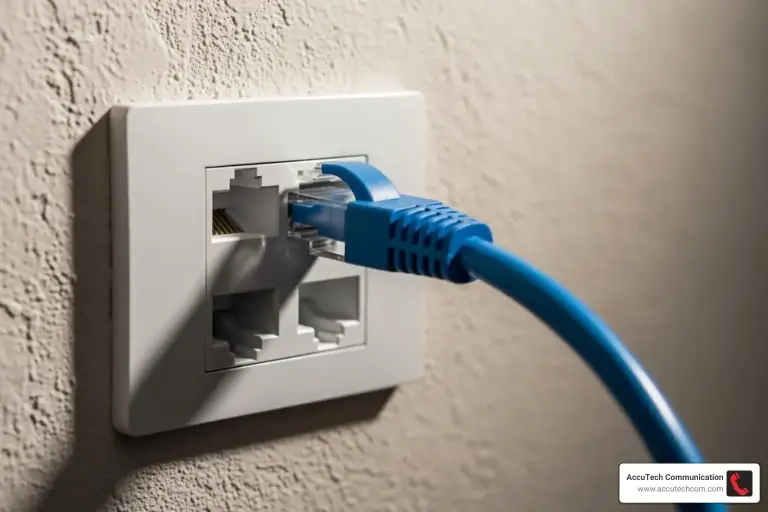 Blue patch cable plugged into a four-port network wall plate on a textured wall