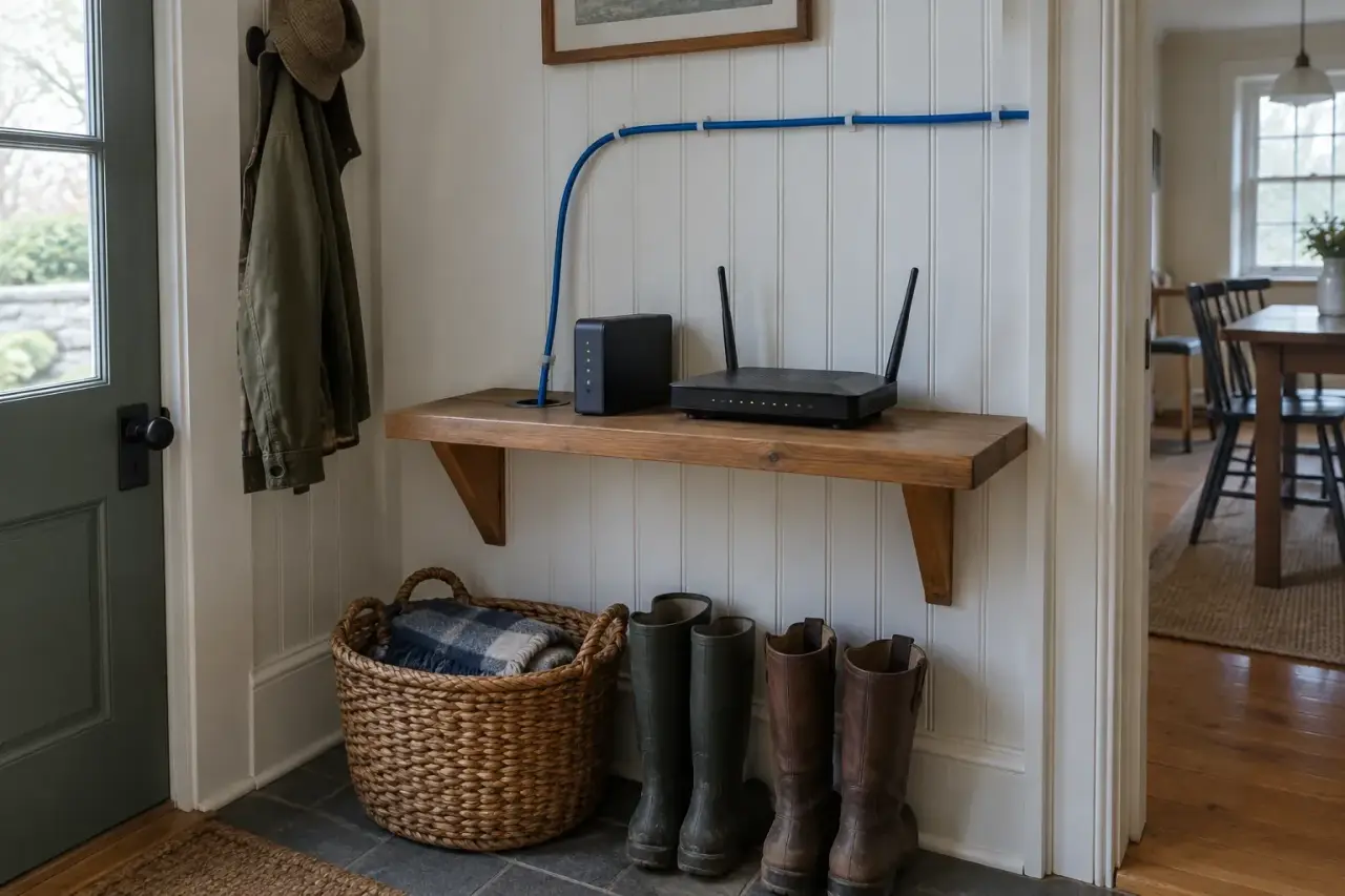 Modem and router on a mudroom shelf with a neat blue network cable