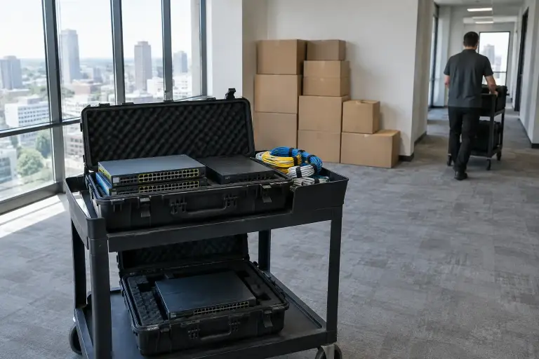 Network equipment packed in padded cases on a cart during an office move