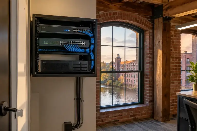 Small network and security rack in a converted brick mill office closet