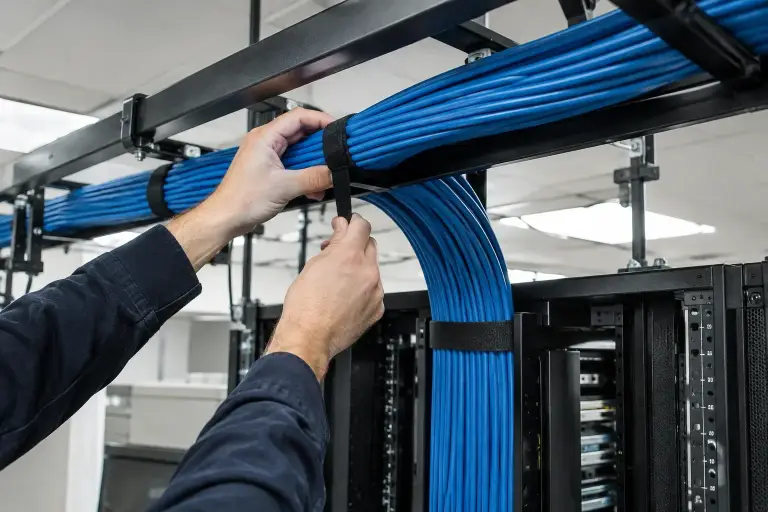 Hands strapping a combed bundle of blue cables on a ladder rack above a rack