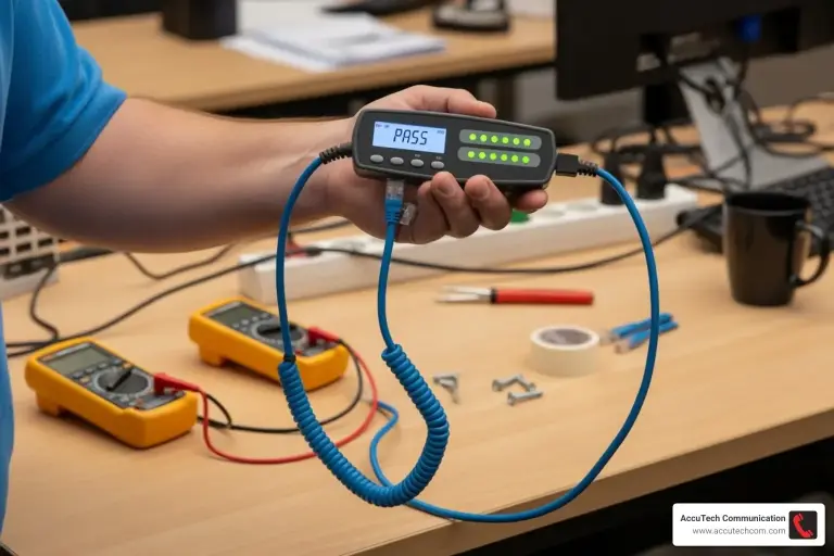 Hand holding a cable tester showing PASS with a coiled blue patch cord over a workbench