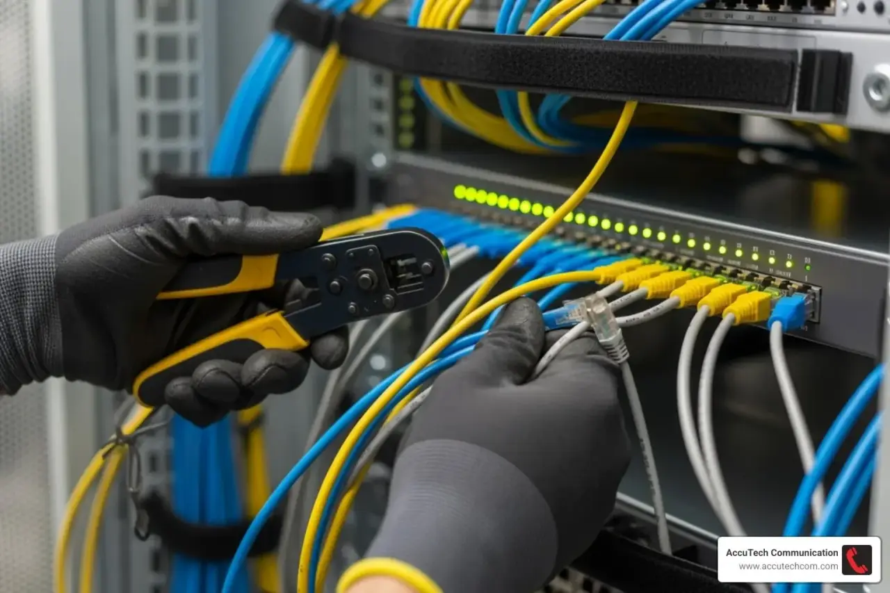 Gloved hands with a crimping tool connecting blue and yellow patch cables to a rack switch