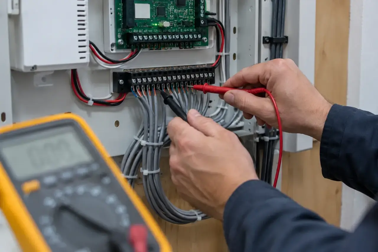 Hands testing gray security cable at a terminal strip with multimeter probes