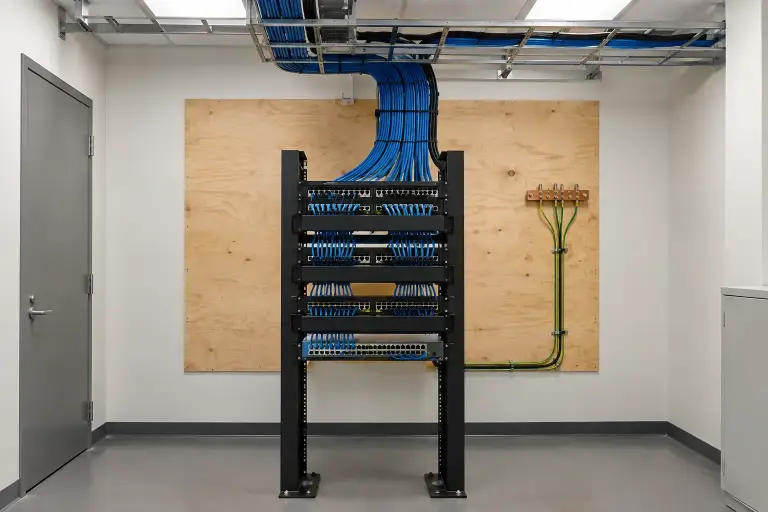 Cables flowing from a ladder rack into patch panels on a two-post rack