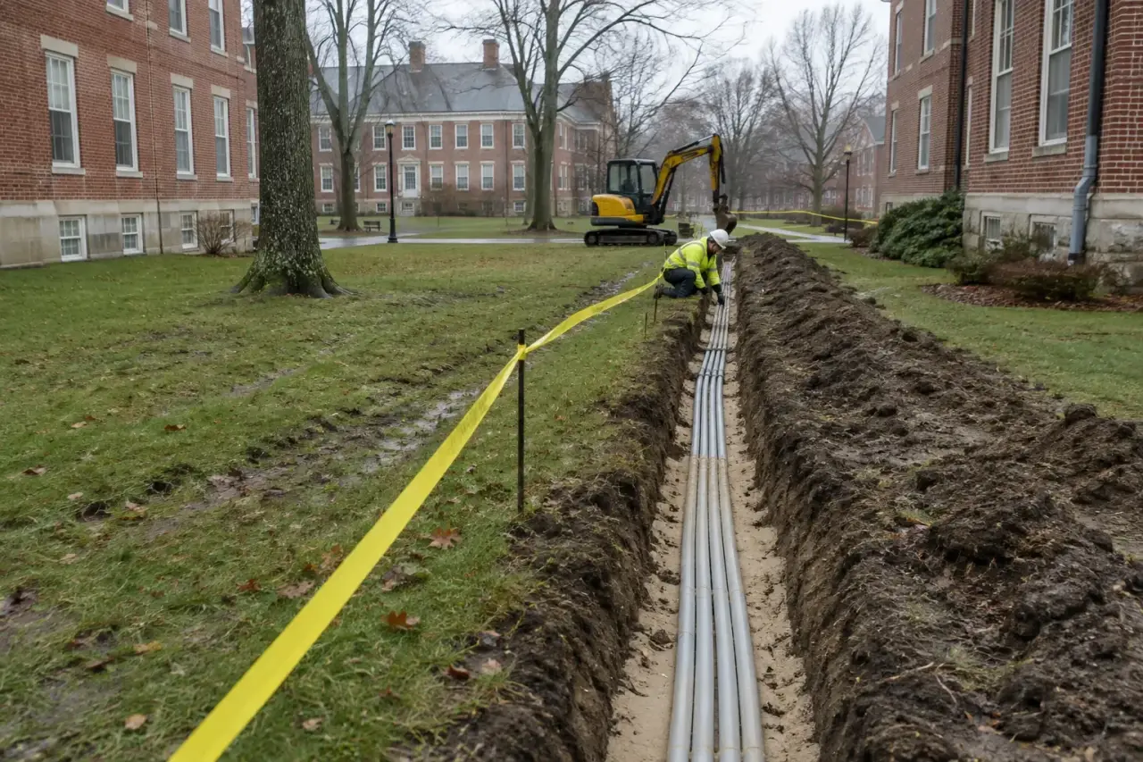 Trench across a campus lawn holding several gray conduits between brick buildings