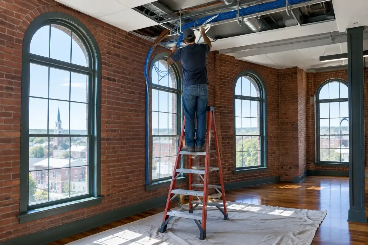 Technician on a ladder routing blue cables in a historic brick office