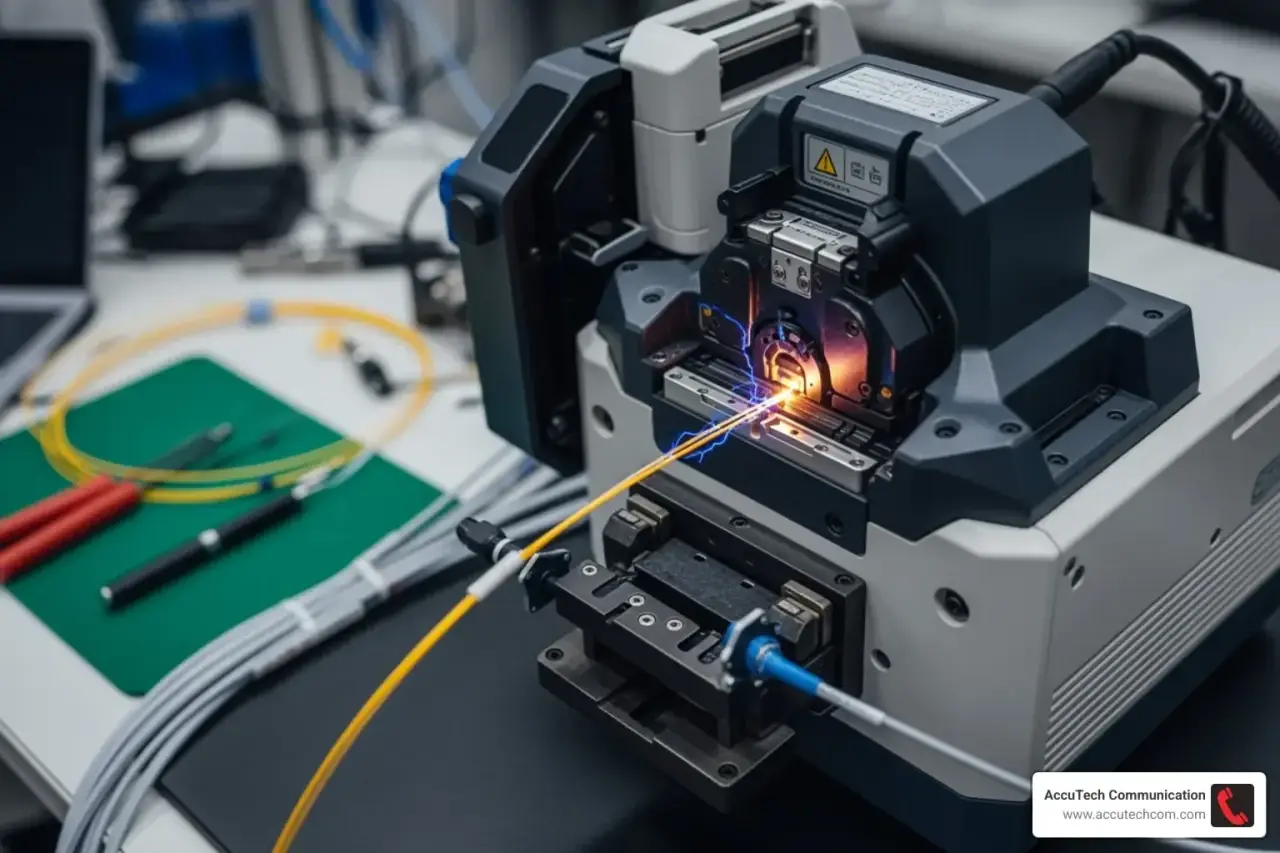 Fusion splicer joining yellow and blue fiber strands with a bright arc on a workbench