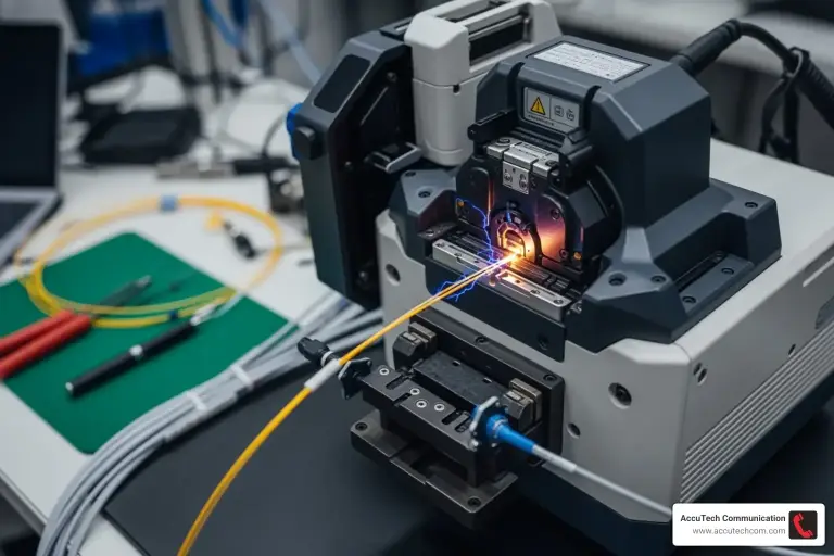 Fusion splicer joining yellow and blue fiber strands with a bright arc on a workbench