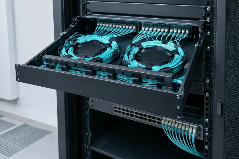 Open rack fiber drawer with aqua jumpers routed to a network switch