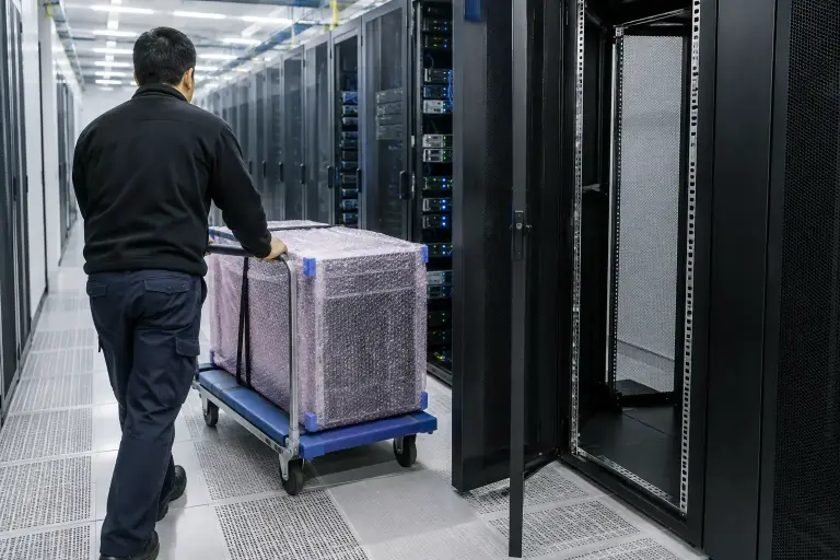 Server wrapped in protective film on a cart crossing a data center raised floor