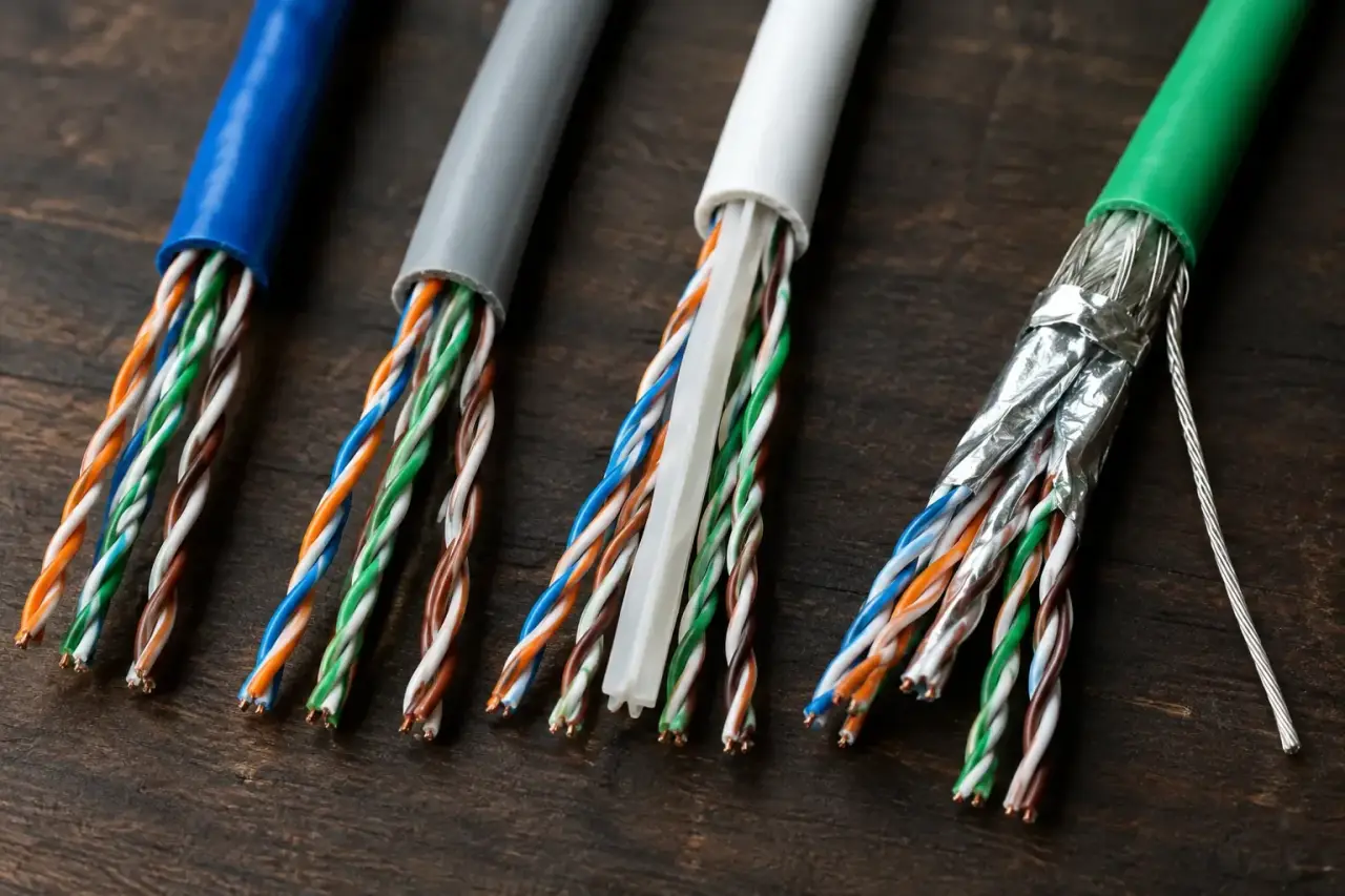 Cut network cables of different types showing twisted pairs, spline and foil shields