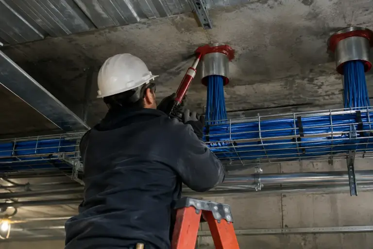Technician sealing blue cables in a steel sleeve through a concrete slab with firestop