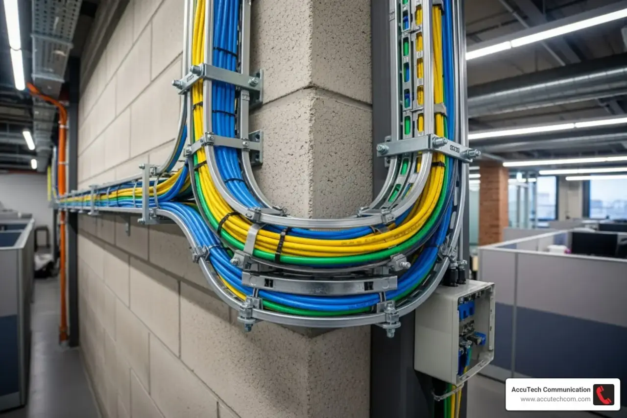 Blue, yellow and green cables held in metal brackets bending around a block wall corner