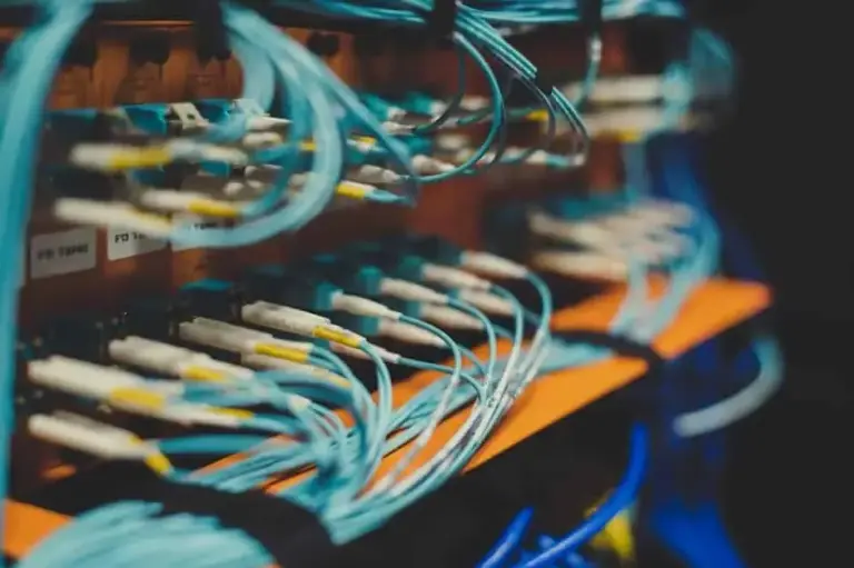 Light blue fiber patch cords plugged into rows of connectors on a patch panel