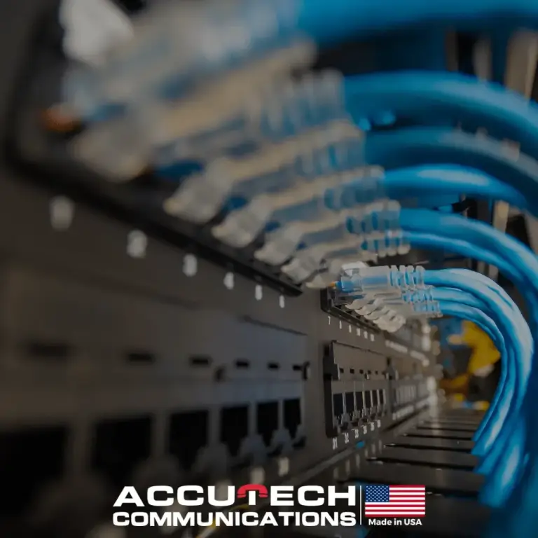 Blue Ethernet patch cables plugged into numbered ports on a rack-mounted patch panel