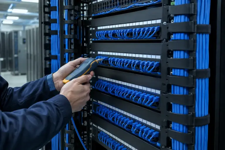 Hands plugging a cable certification tester into a neatly dressed patch panel