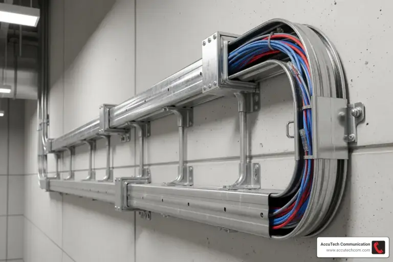 Galvanized steel cable raceway on a concrete wall carrying blue and red cables around a bend