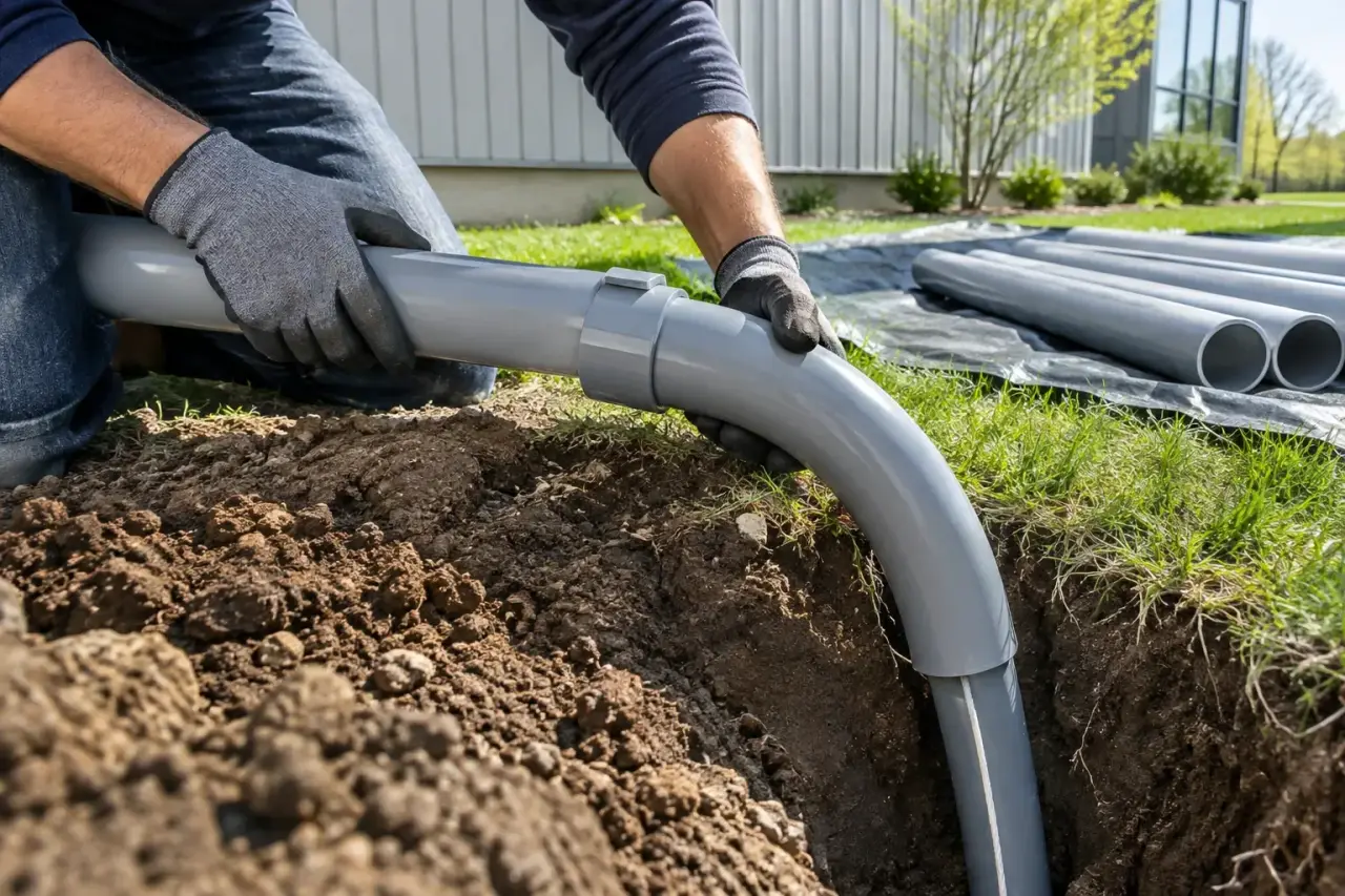 Gloved hands joining gray PVC conduit to a sweep elbow beside a trench