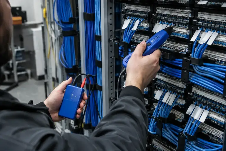 Technician tracing a cable with a tone probe at the back of a patch panel