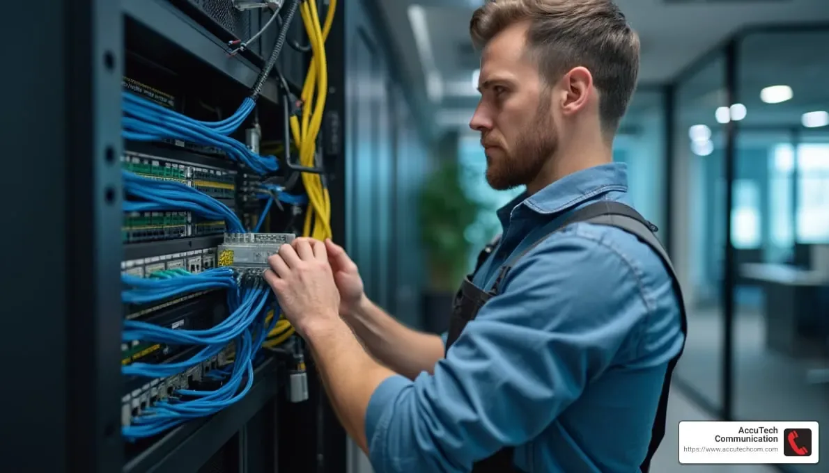 Technician in a denim shirt connecting blue and yellow cables to a patch panel in a rack