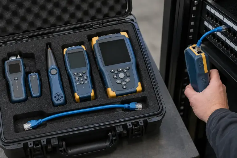 Several network cable testers nested in a foam-lined tool case