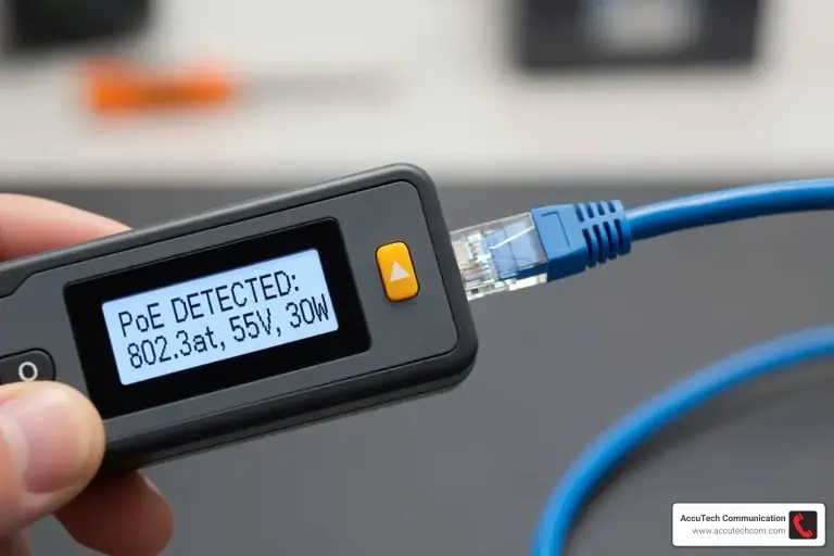 Hand holding a handheld tester showing PoE detected, with a blue Ethernet cable plugged in