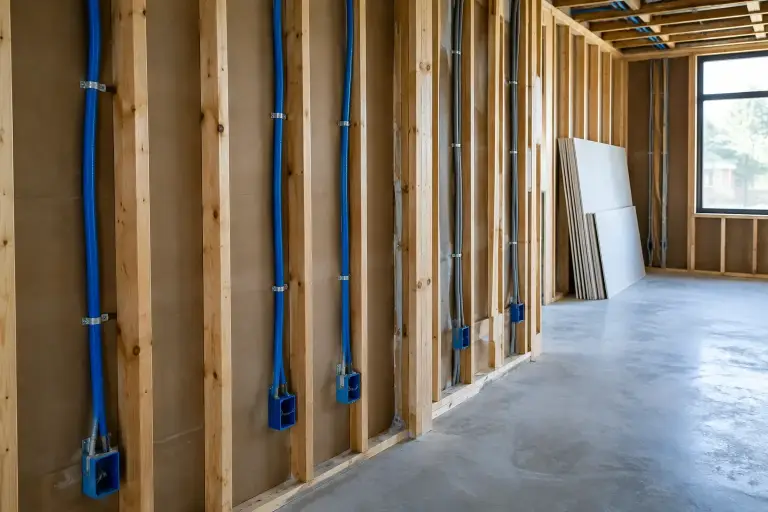 Blue flexible conduit running down open wall studs to outlet boxes