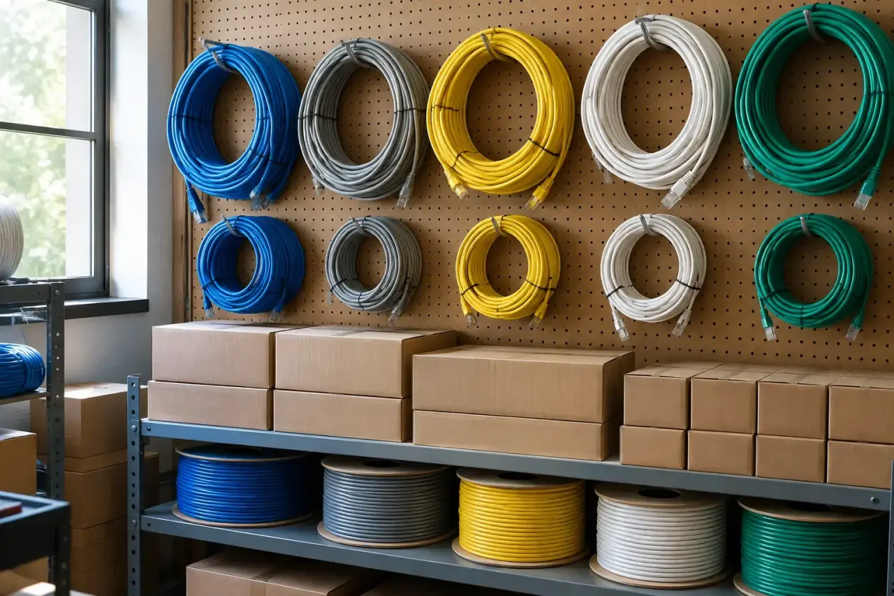 Coiled network cables in several colors hanging on a pegboard wall