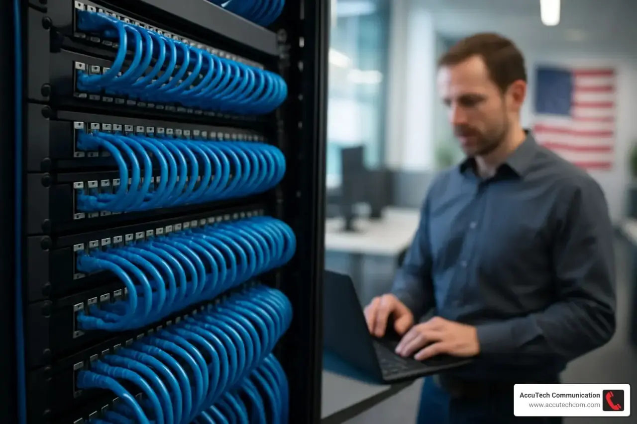 Technician typing on a laptop beside a rack of patch panels filled with blue patch cords