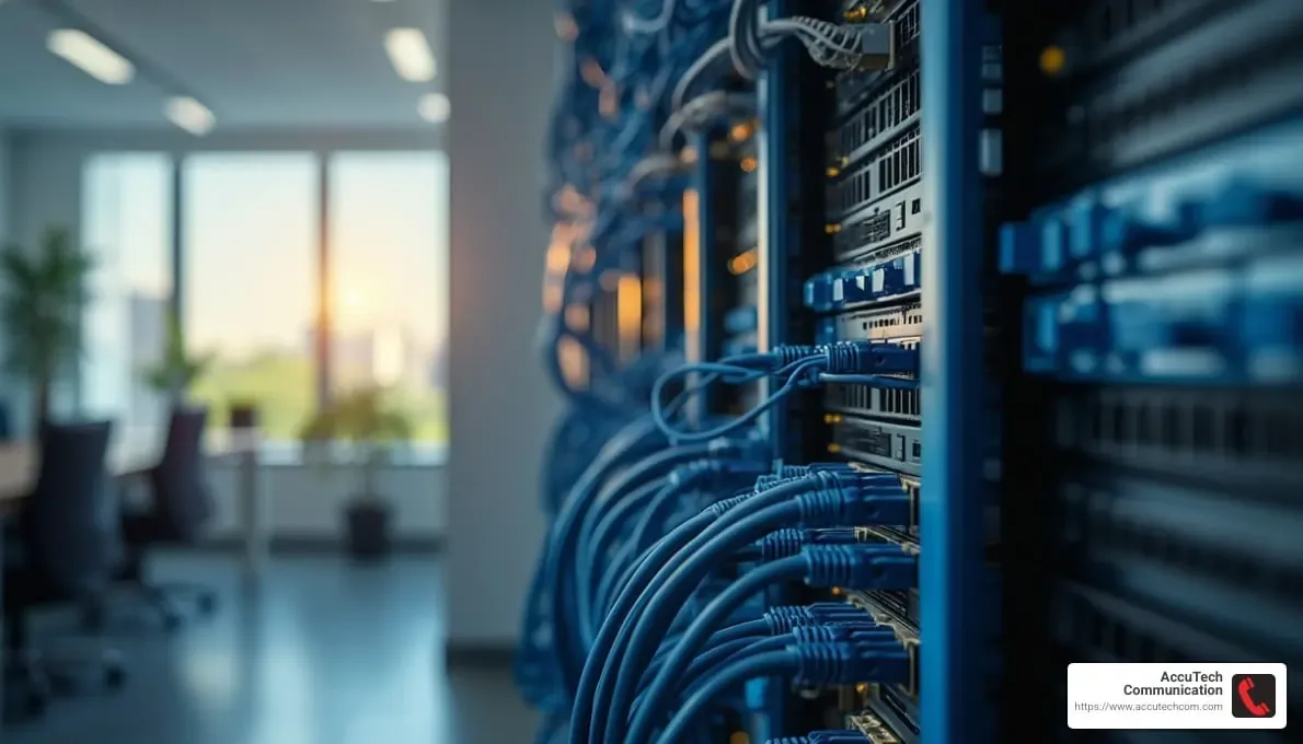 Rack of network switches with blue patch cables in an office near a sunlit window
