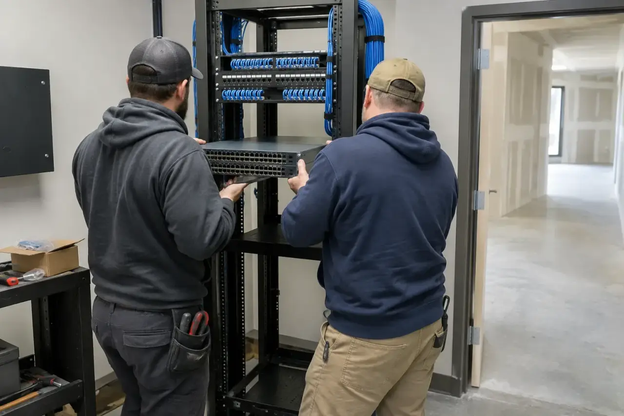 Two installers lifting a network switch into a floor rack in a new medical office