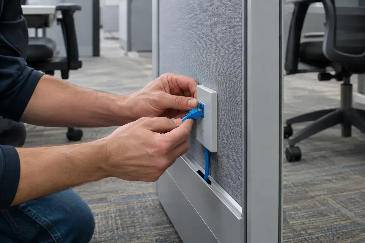 Hands snapping a data jack into a cubicle panel raceway faceplate