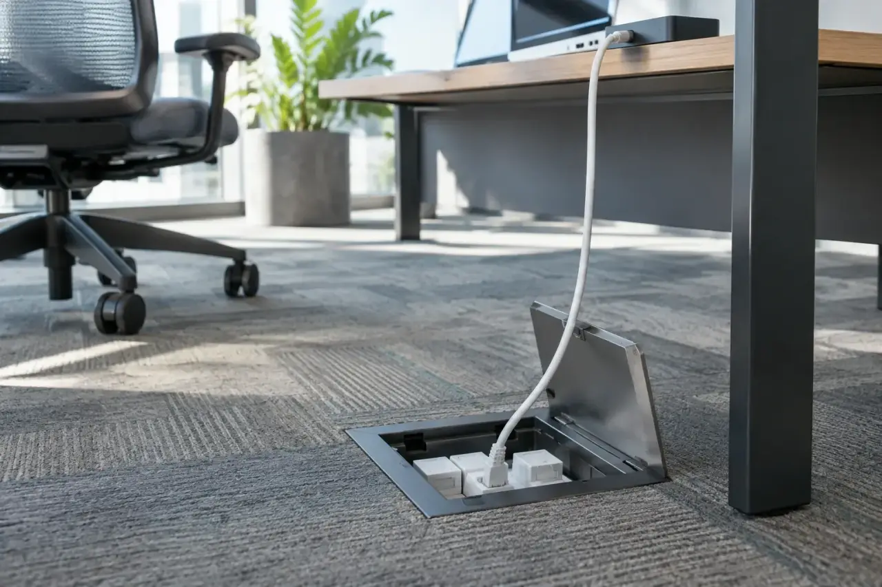 Open floor box with data jacks beside an office desk