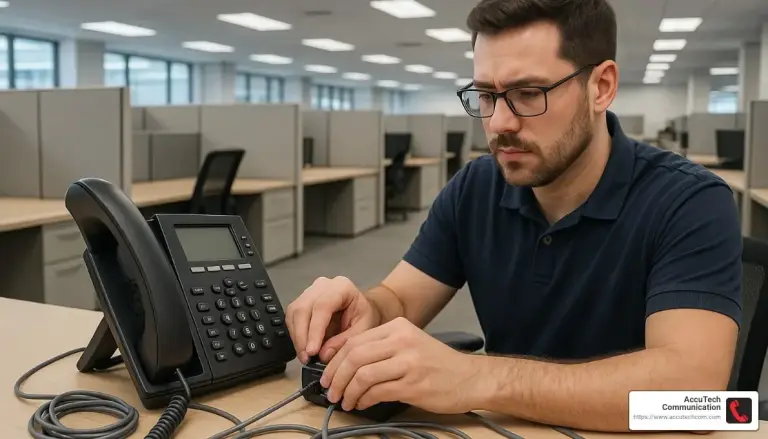 Man in glasses plugging a cord into a desk phone at a cubicle office desk