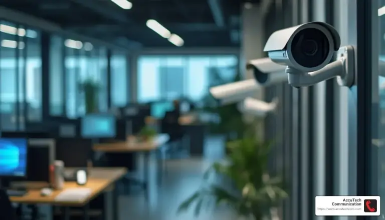 Wall-mounted bullet security cameras overlooking a softly blurred open office