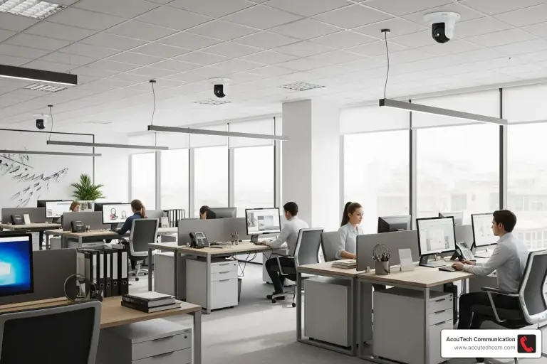 Ceiling dome cameras above a bright open-plan office with staff working at desks