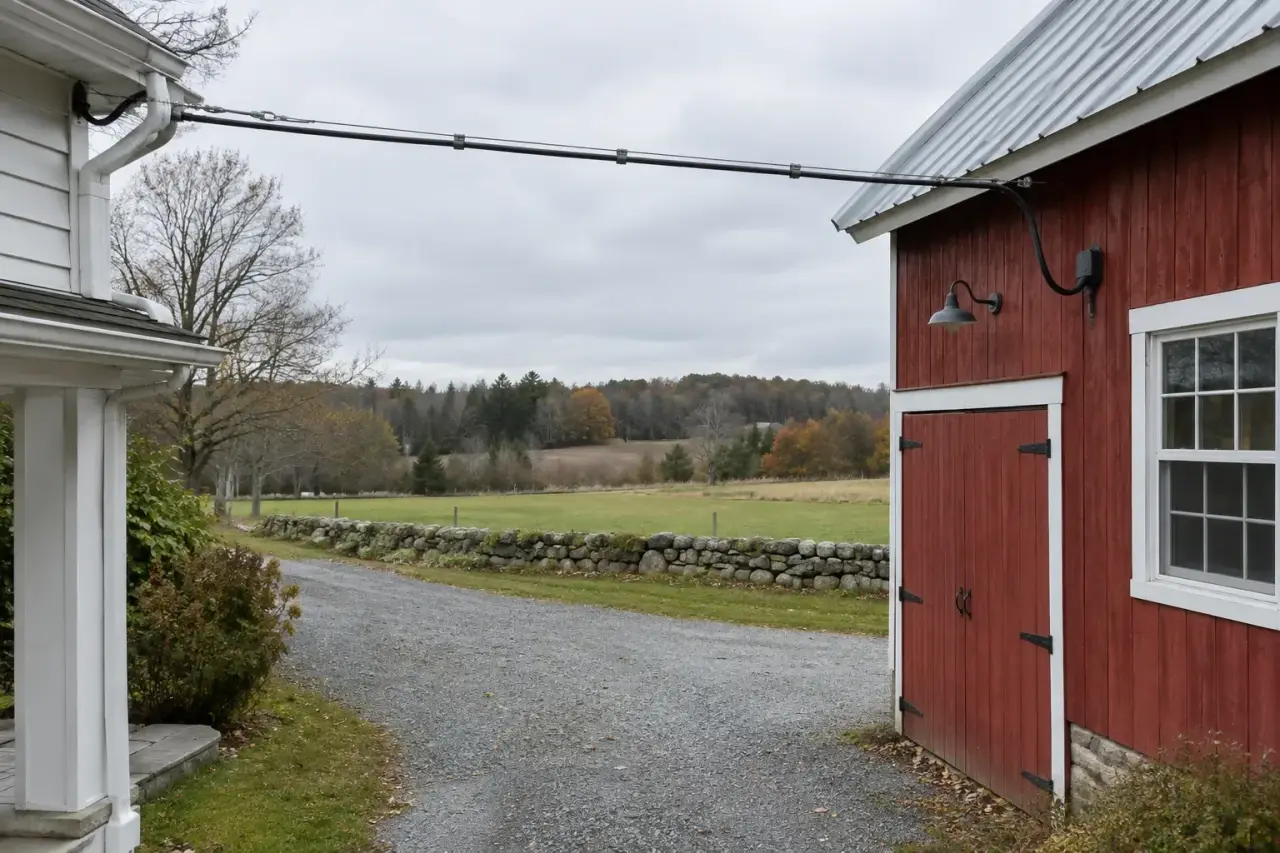 Black outdoor network cable on a messenger wire spanning a driveway to a barn office